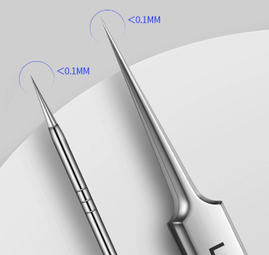 Two precision tools with a close-up view of their tips on a light gray background.