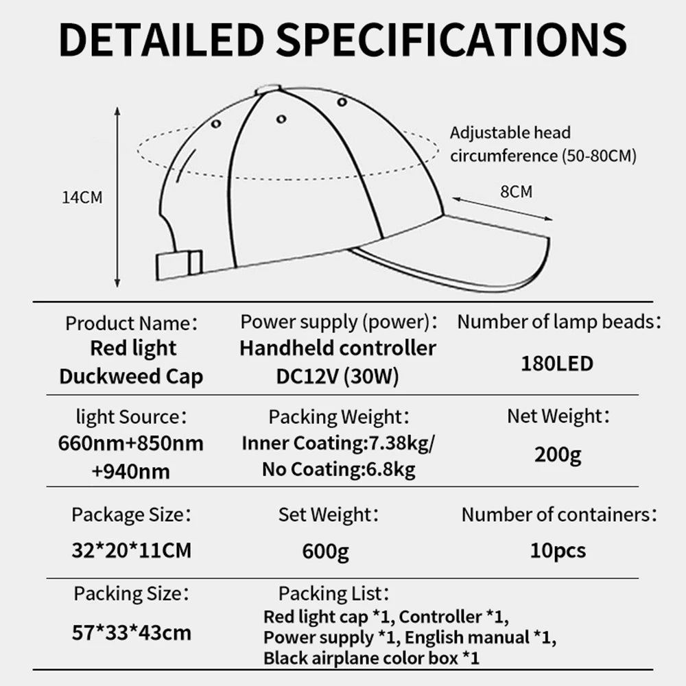Technical specifications of a red light duckweed cap with measurements and product details.