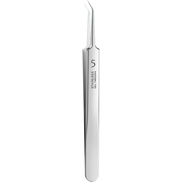 A single pair of stainless steel precision tweezers with a curved tip, featuring the engraved text '5 STAINLESS STEEL' on the handle, shown against a plain white background.