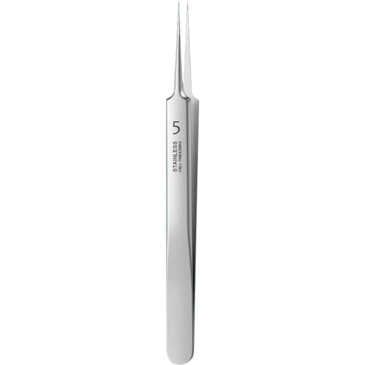 Stainless steel tongue scraper on a white background