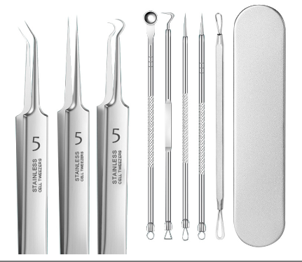 Set of stainless steel skincare tools with case on a white background