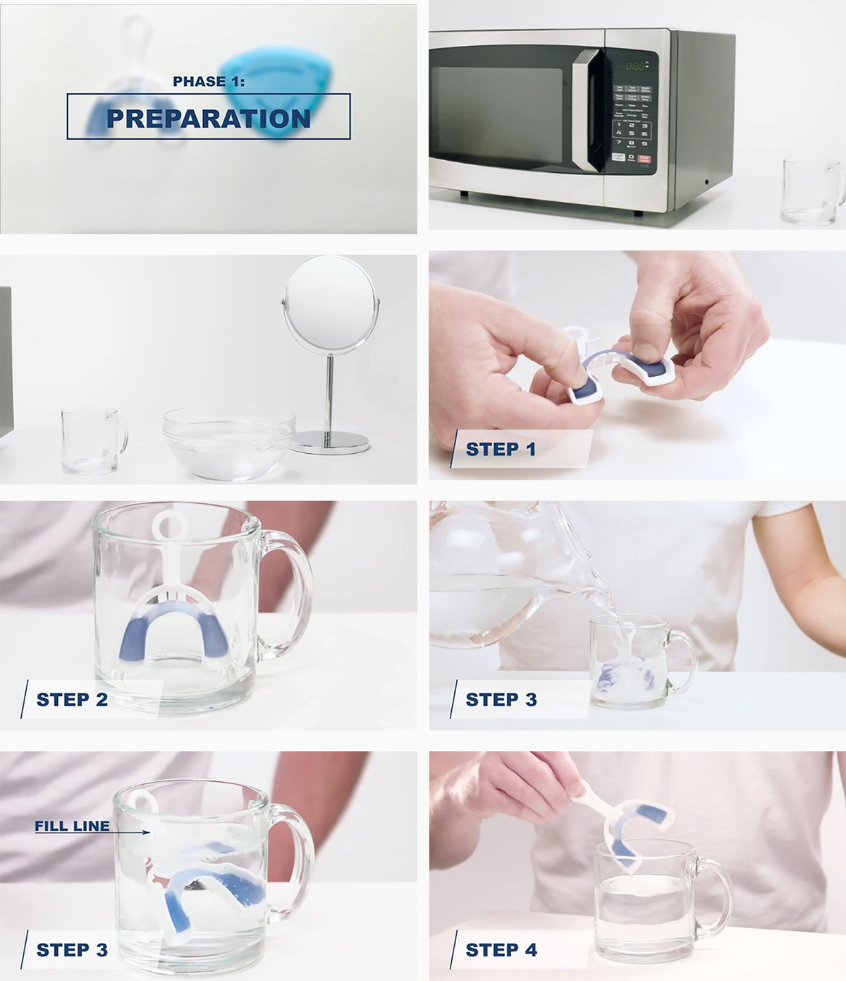 Step-by-step guide on how to use a product with images of a microwave, glass mug, and hands performing actions.