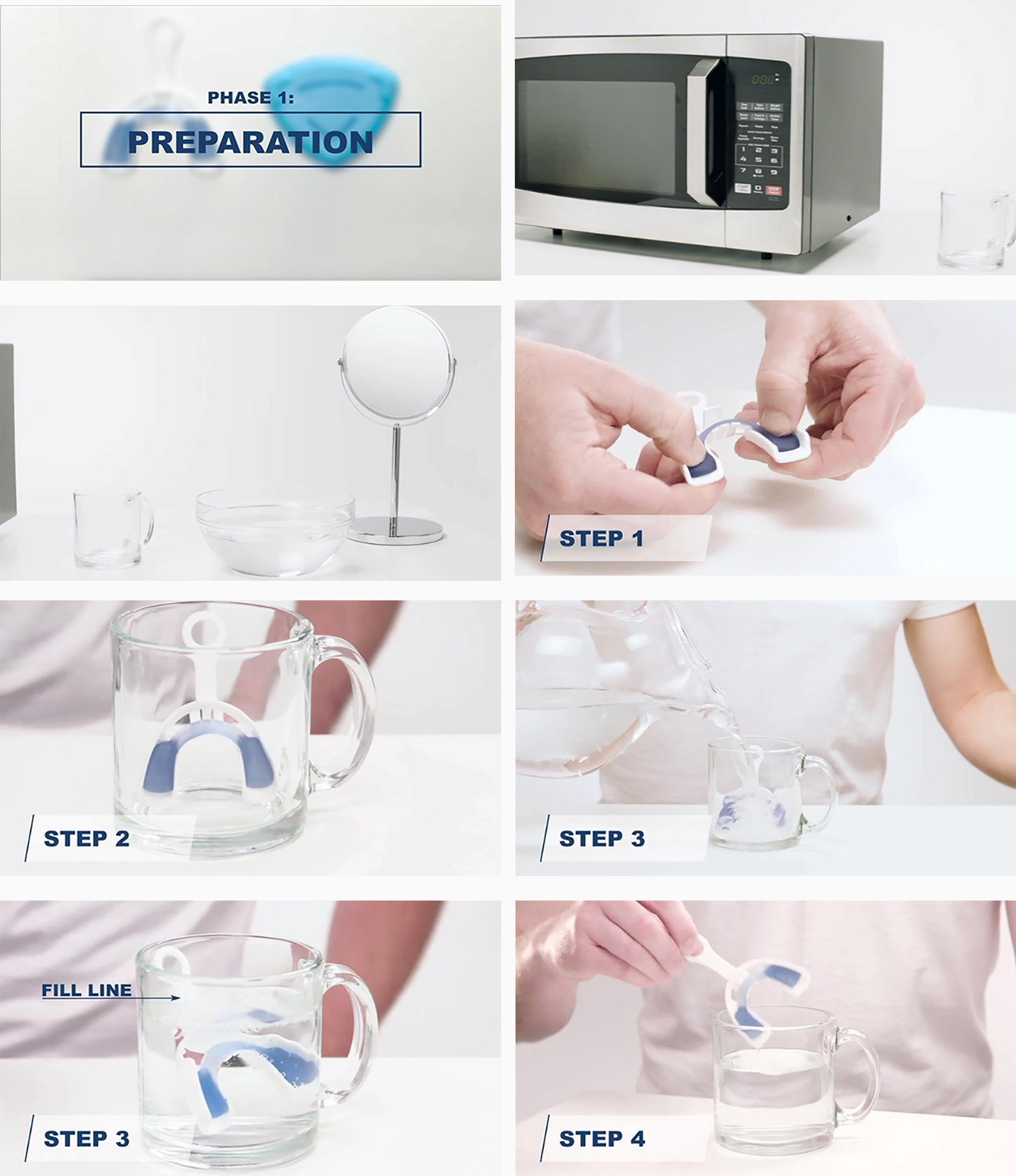 Step-by-step guide on how to use a product with images of a microwave, glass mug, and hands performing actions.