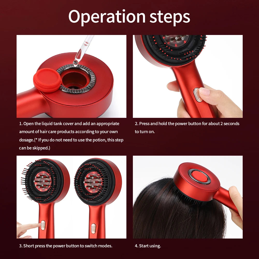 Step-by-step guide on using a red hair care device with text instructions.