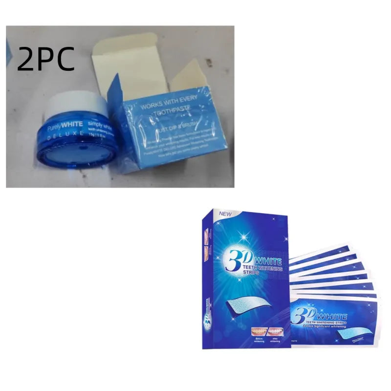 Teeth whitening product set with packaging and packaging box on a white background