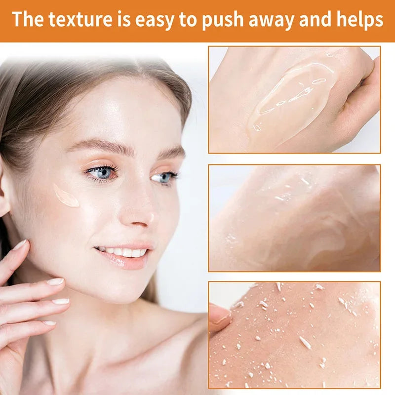 Woman applying a skincare product with close-up shots of the texture on skin.