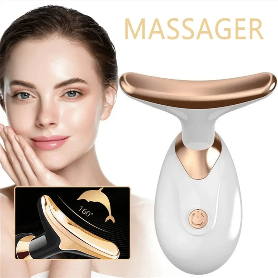 Woman with a facial massager and close-up of the device on a white background