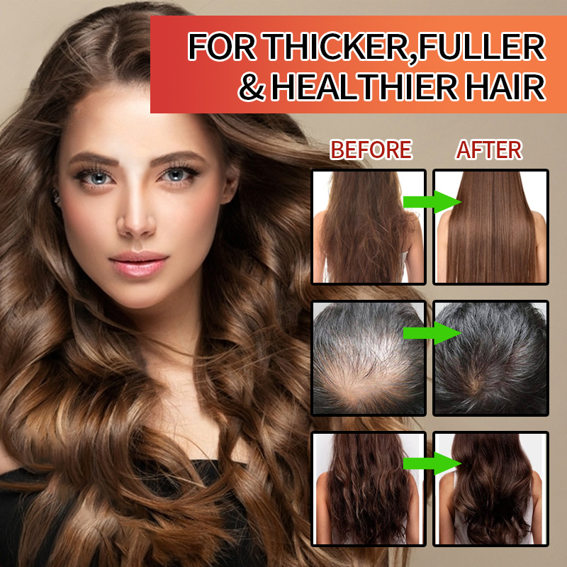 Woman with long, healthy hair with 'Before' and 'After' hair growth comparison on a beige background.