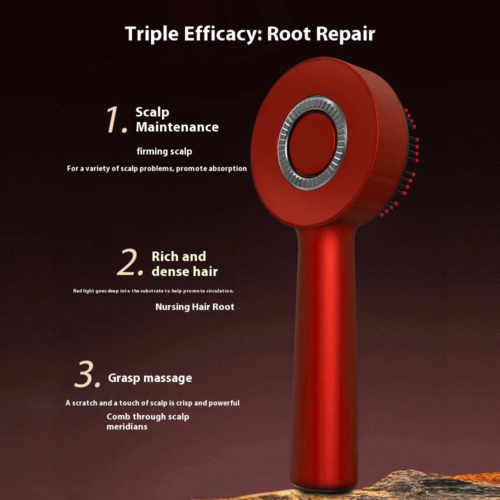 Red hair care device with text on a dark background