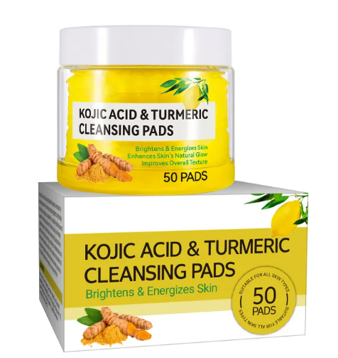 Kojic Acid & Turmeric Cleansing Pads packaging with yellow label and white box on a white background