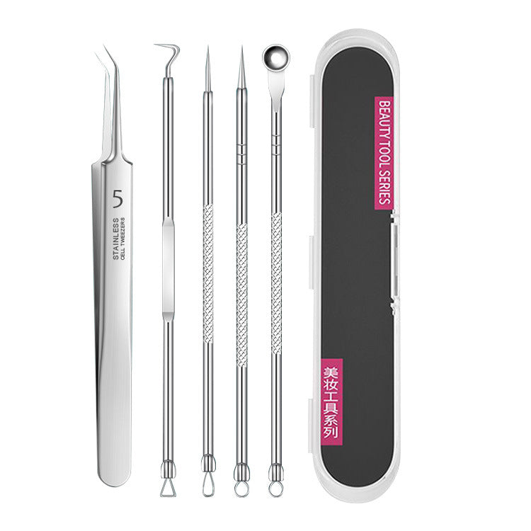 Set of stainless steel beauty tools with a black case labeled 'Beauty Tool Series' on a white background.