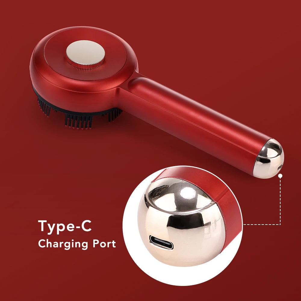 Red handheld shower head with Type-C charging port on a red background