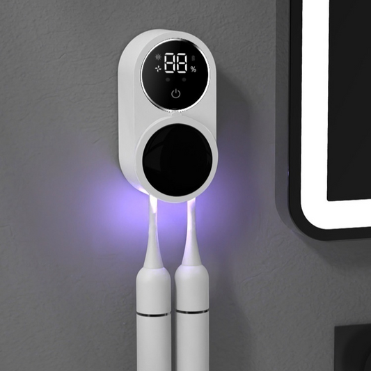White electronic device with digital display and two USB ports on a gray wall.
