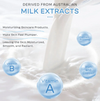 Advertisement for moisturizing skincare products derived from Australian milk extracts, featuring vitamins and minerals on a white background.