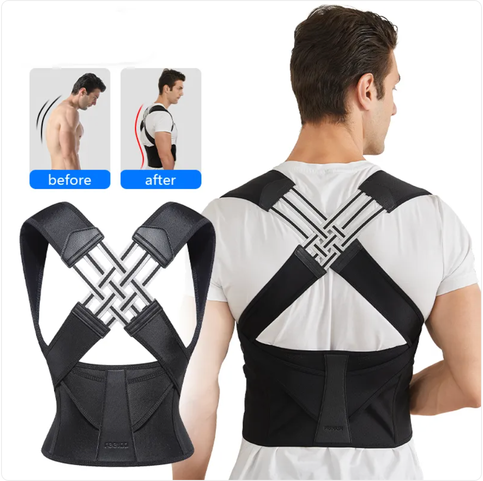 Person wearing a black posture corrector with 'before' and 'after' comparison on a white background
