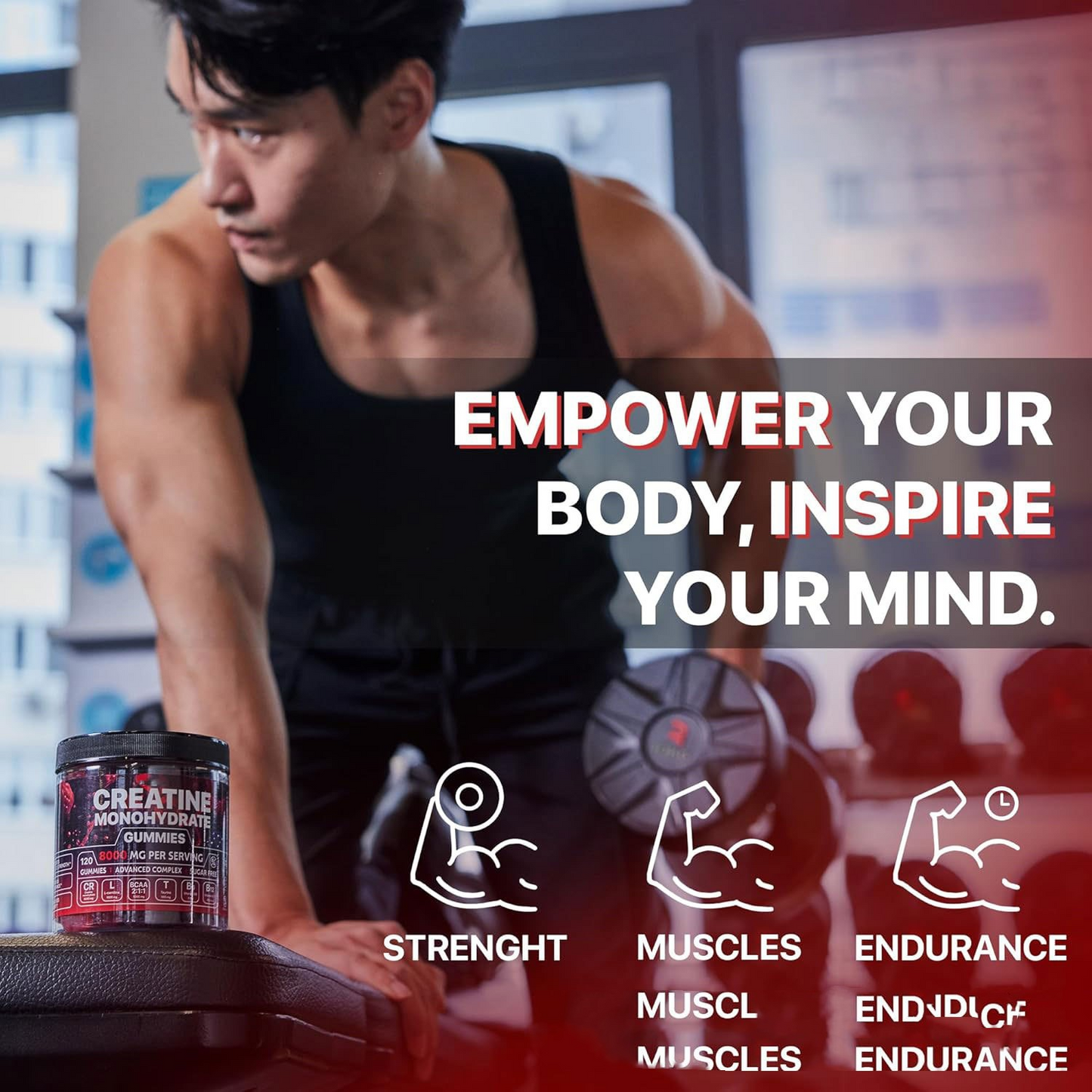 Man in gym setting with fitness supplement and motivational text