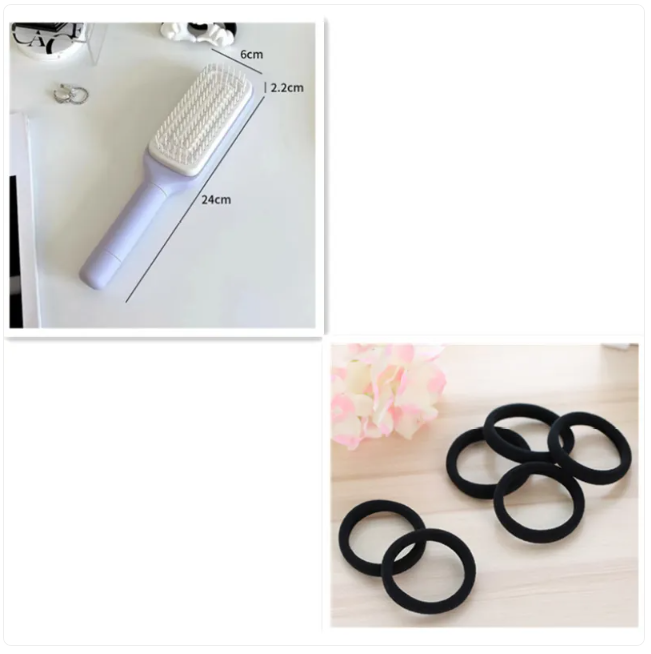 White Hairbrush and hair ties with measurements