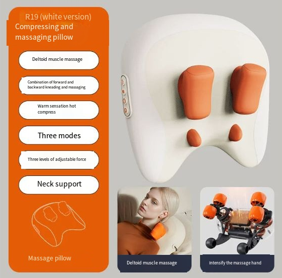 Massage pillow with orange accents on a gray background, featuring text and images of a person using it.