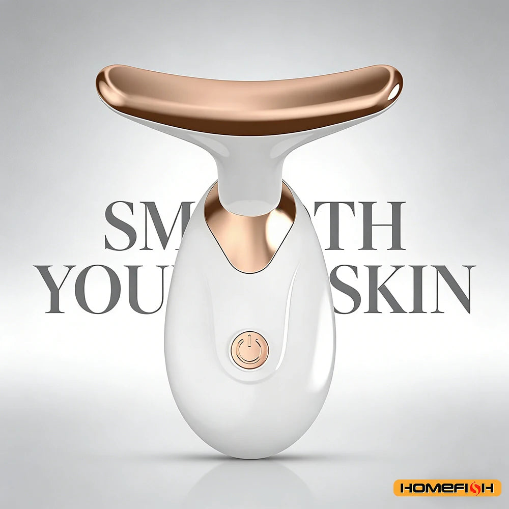 White and rose gold skin care device with 'Smooth Your Skin' text on a gray background, featuring the brand 'Homefish'.