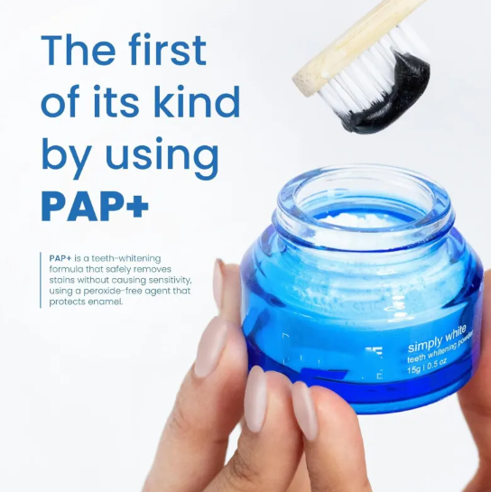 Blue jar with a brush and text about PAP+ teeth whitening formula