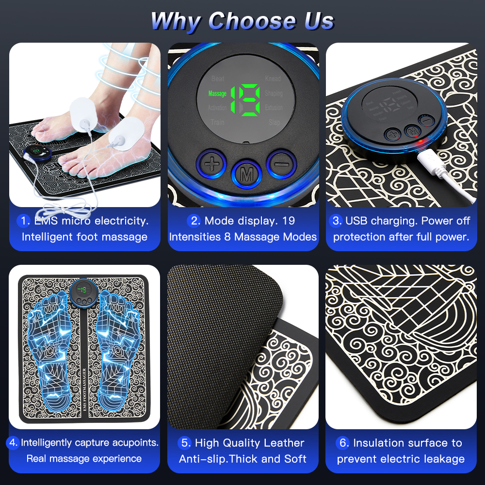 Foot massager with digital display and massage modes, featuring text on why choose this product.