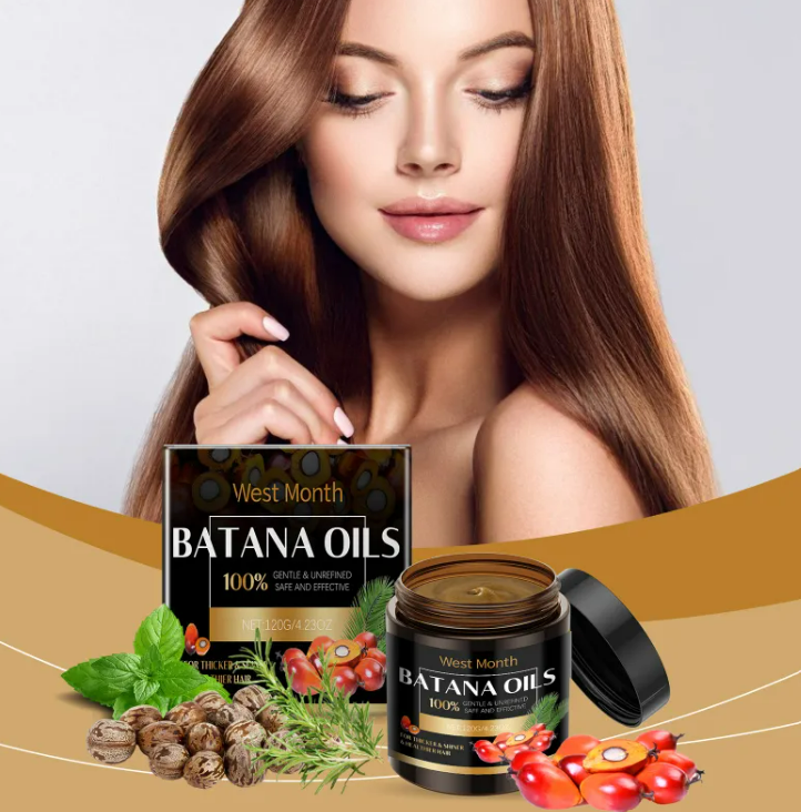 Woman with long hair holding a West Month Batana Oils product with ingredients displayed below.